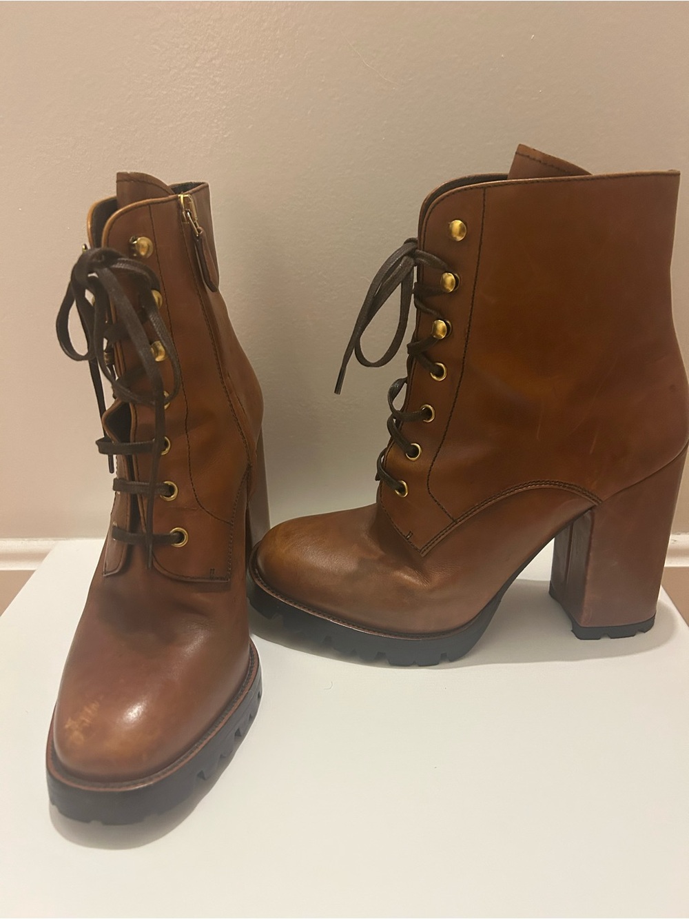 Prada Brown Leather Lace-Up Block Heel Boots - Picture 4 of 6
